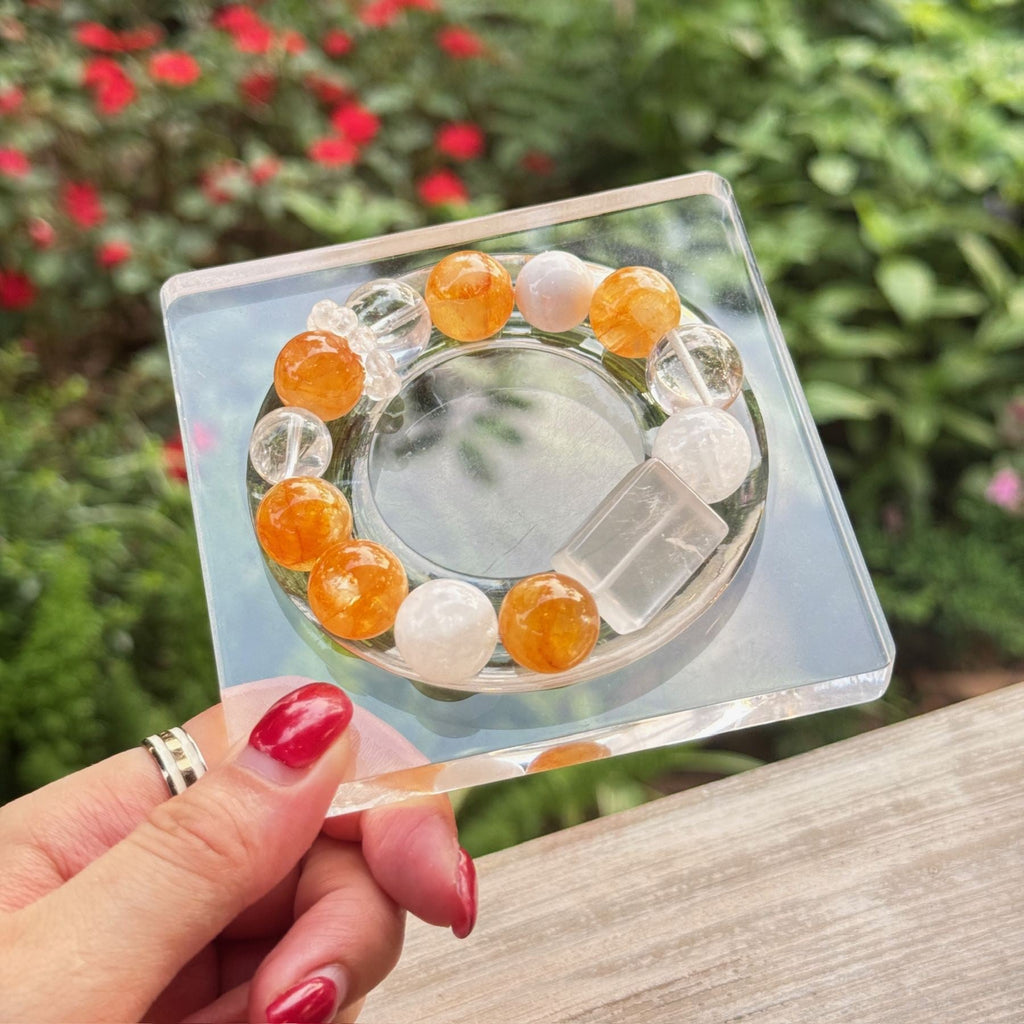 Natural Yellow Jiao Hua Bracelet | Geometric Clear Quartz Slab Amulet | Taoist Consecrated Golden Fire Quartz Prosperity Jewelry