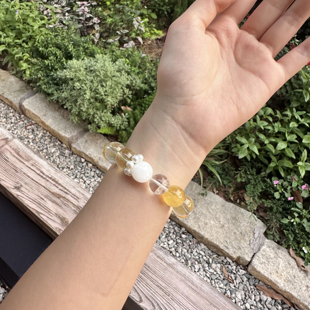 Natural Yellow Jiao Hua Bracelet | Geometric Clear Quartz Slab Amulet | Taoist Consecrated Golden Fire Quartz Prosperity Jewelry