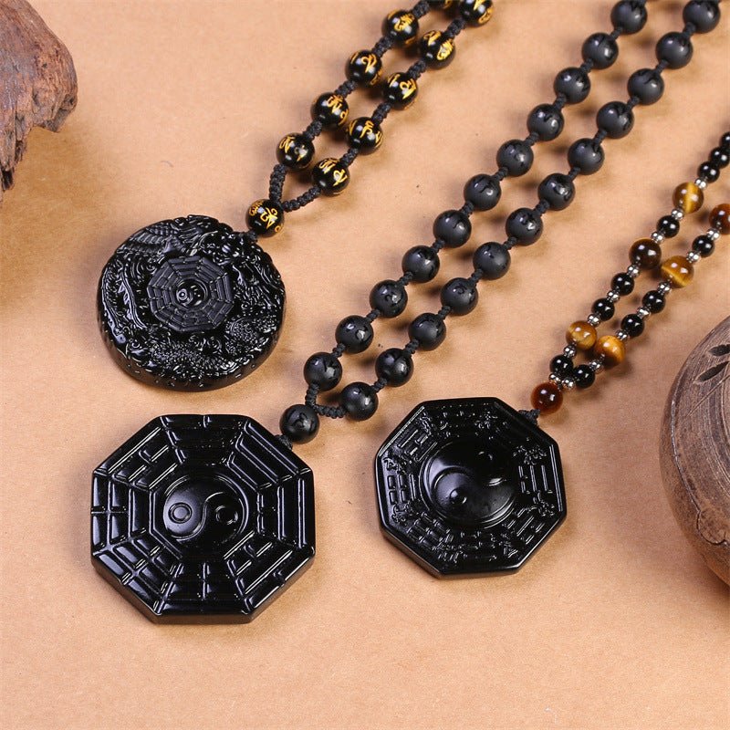 Obsidian Yin Yang Bagua Pendant Necklace - EclipticJew