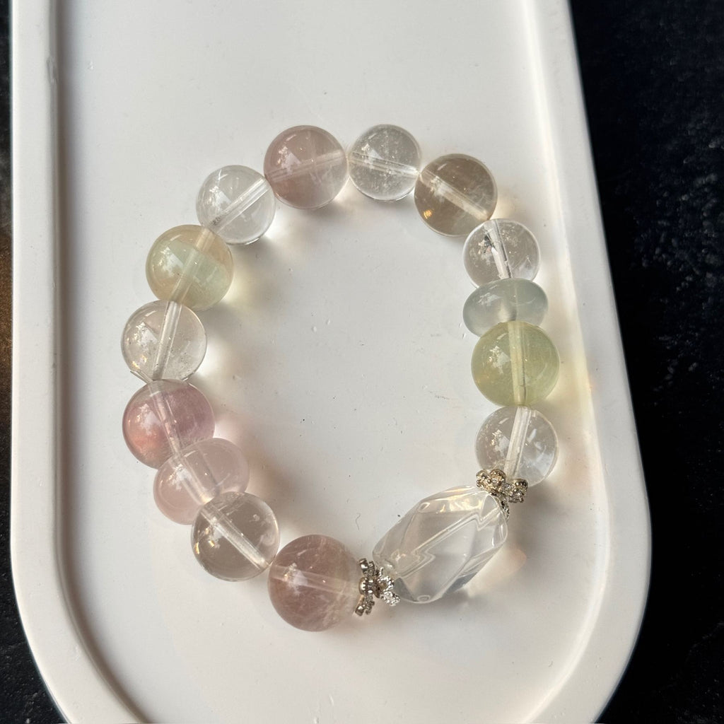 Pastel Fluorite Bracelet | Geometric Clear Quartz Slab Amulet | Taoist Consecrated Aura Cleansing & Mental Clarity Crystal Jewelry
