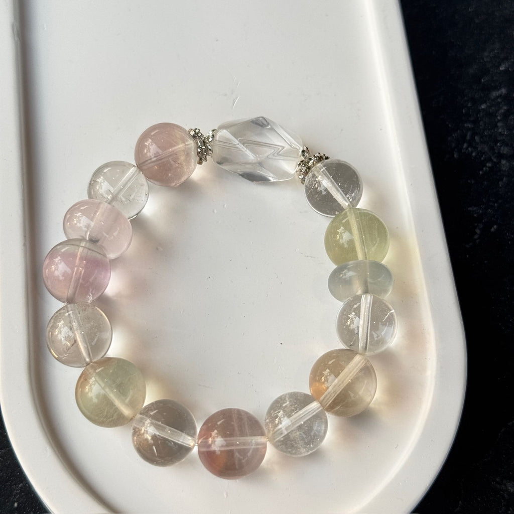 Pastel Fluorite Bracelet | Geometric Clear Quartz Slab Amulet | Taoist Consecrated Aura Cleansing & Mental Clarity Crystal Jewelry