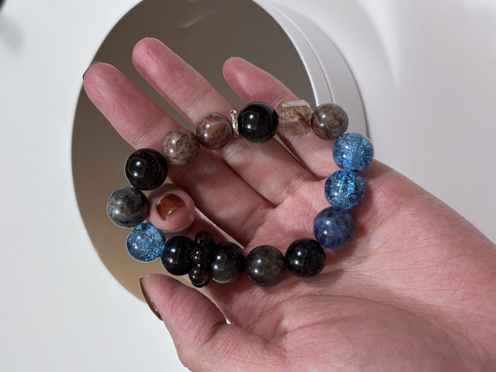 Phantom Tide Ocean Crystal Bracelet | Blue Flash, Rutilated Quartz & Black Tourmaline
