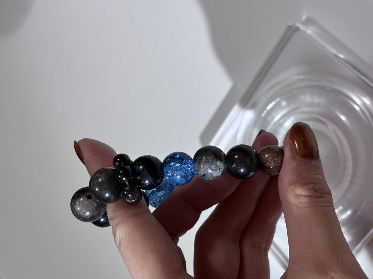 Phantom Tide Ocean Crystal Bracelet | Blue Flash, Rutilated Quartz & Black Tourmaline