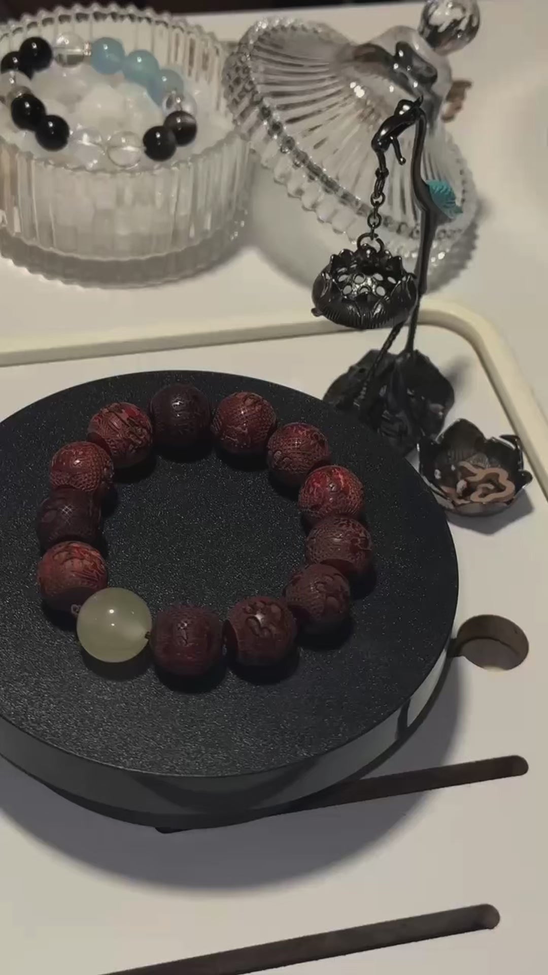 Carved Pixiu Rosewood Bracelet with Moonlight Stone product video - EclipticJew