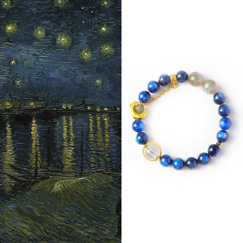 Van Gogh Starry Night Over the Rhone Bracelet — Kyanite, Moonstone & Moon Charm EclipticJew
