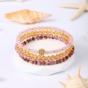 Love & Happiness Four-Stone Bracelet Set — Rose Quartz, Citrine, Strawberry Quartz & Rhodonite EclipticJew