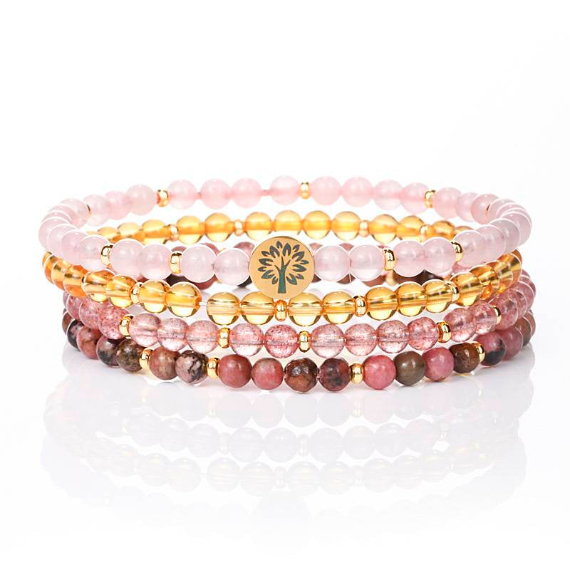 Love & Happiness Four-Stone Bracelet Set — Rose Quartz, Citrine, Strawberry Quartz & Rhodonite EclipticJew