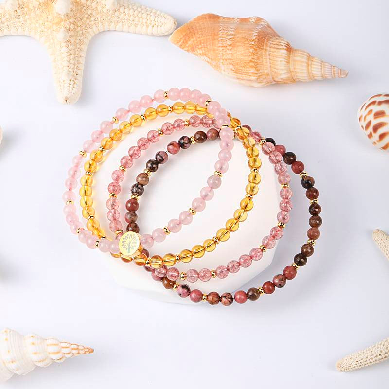Love & Happiness Four-Stone Bracelet Set — Rose Quartz, Citrine, Strawberry Quartz & Rhodonite EclipticJew