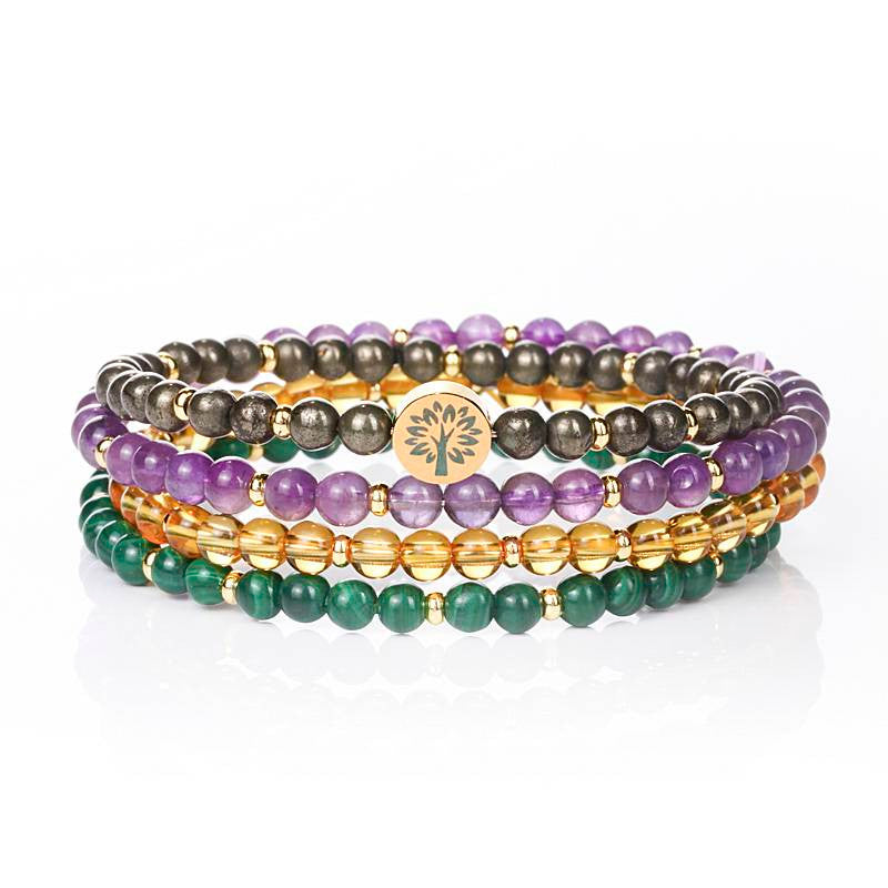 Wealth & Abundance Four-Stone Bracelet Set — Pyrite, Amethyst, Citrine & Malachite EclipticJew