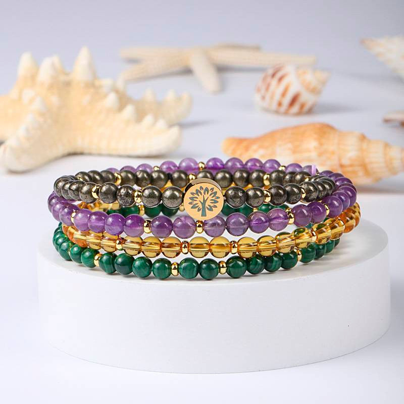 Wealth & Abundance Four-Stone Bracelet Set — Pyrite, Amethyst, Citrine & Malachite EclipticJew