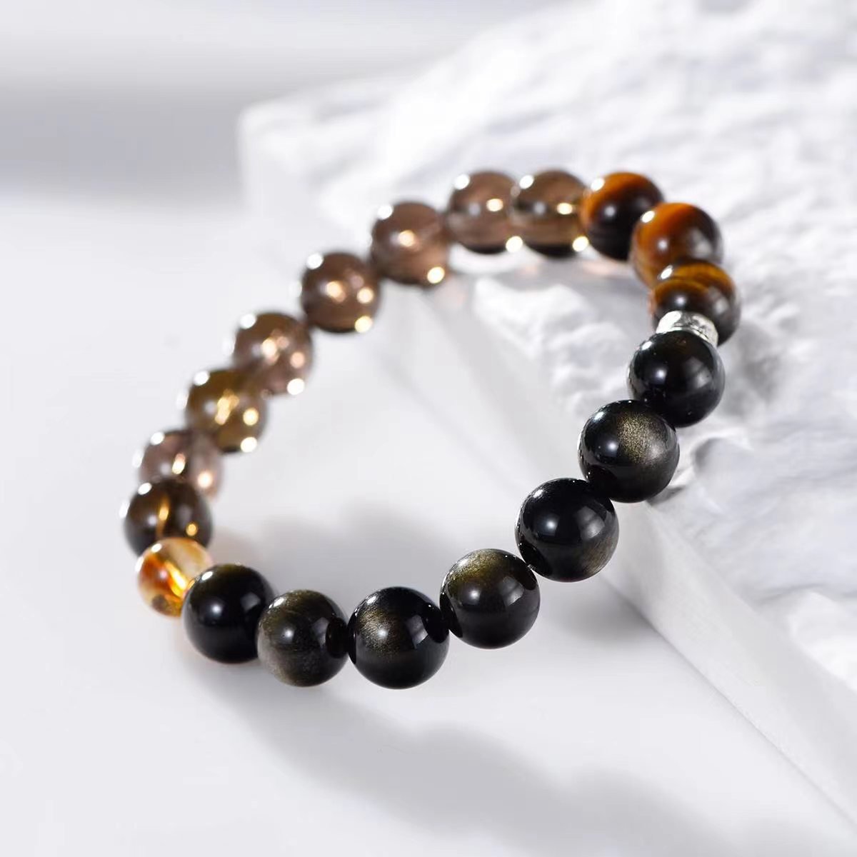 Prosperity Path Smoky Quartz, Tiger's Eye & Black Obsidian Bracelet - EclipticJewBraceletsnewObsidian