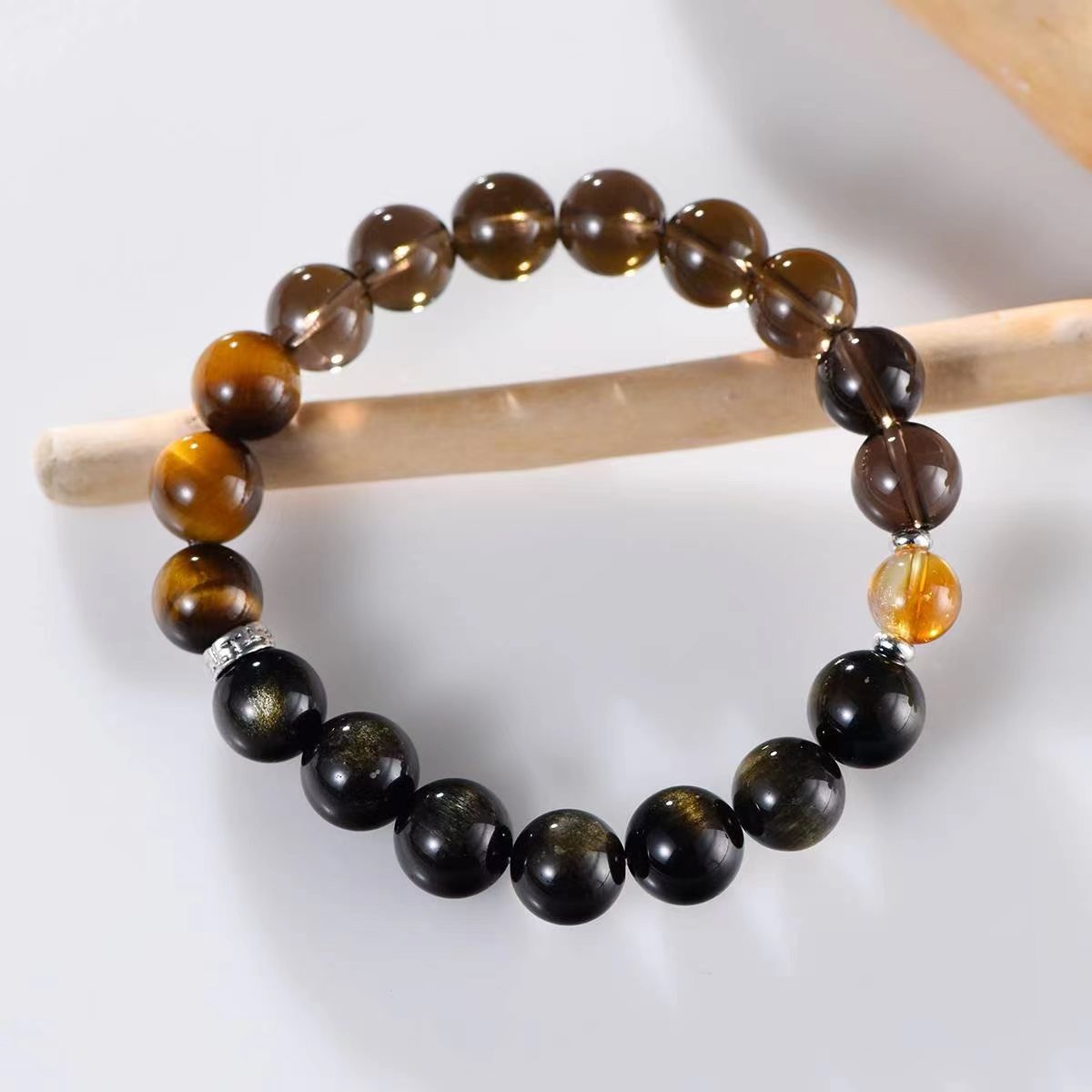 Prosperity Path Smoky Quartz, Tiger's Eye & Black Obsidian Bracelet - EclipticJewBraceletsnewObsidian