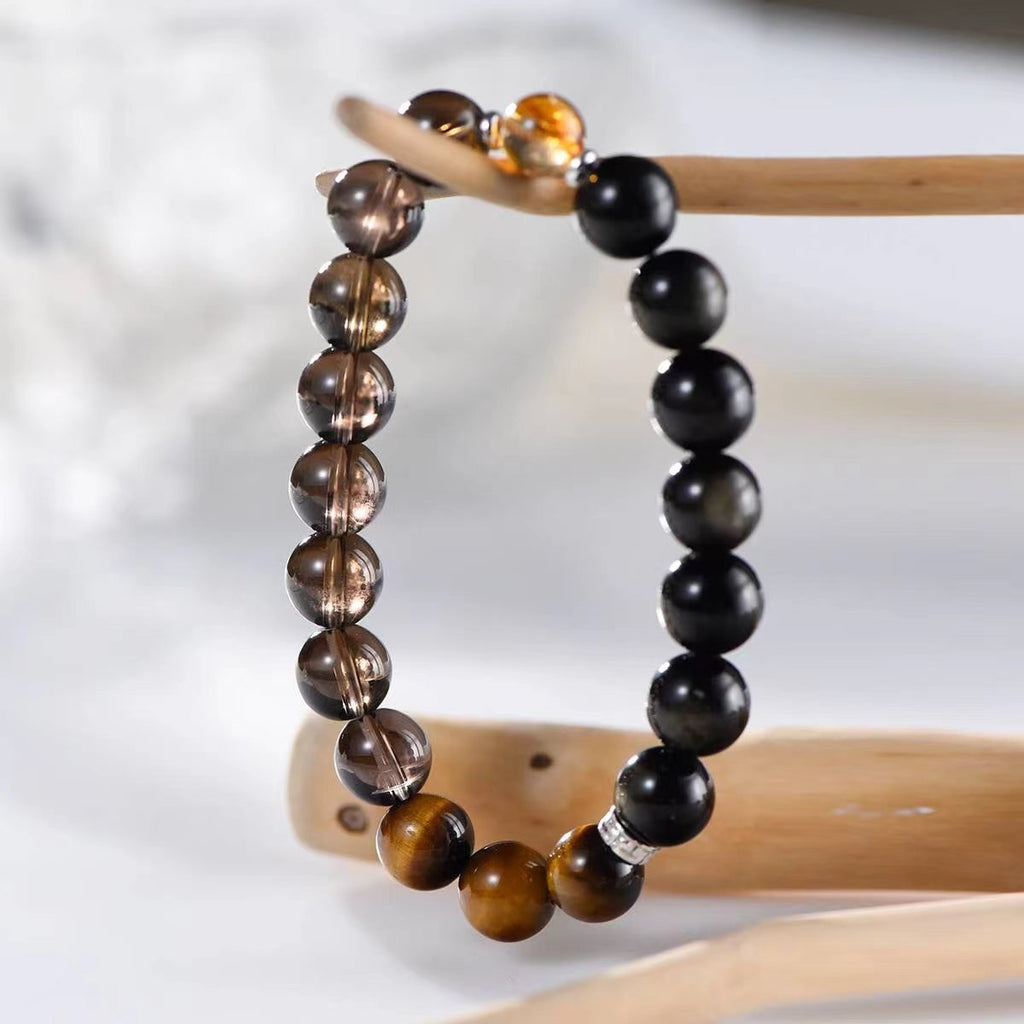 Prosperity Path Smoky Quartz, Tiger's Eye & Black Obsidian Bracelet