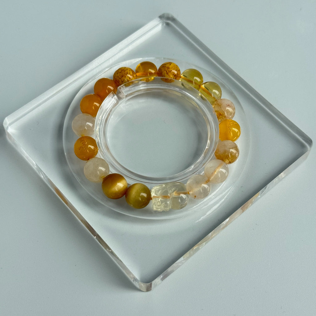 Quartz Crystal Pixiu Bracelet | 10mm Beads | Five Elements Metal Energy Balance | Wealth & Protection Feng Shui Jewelry