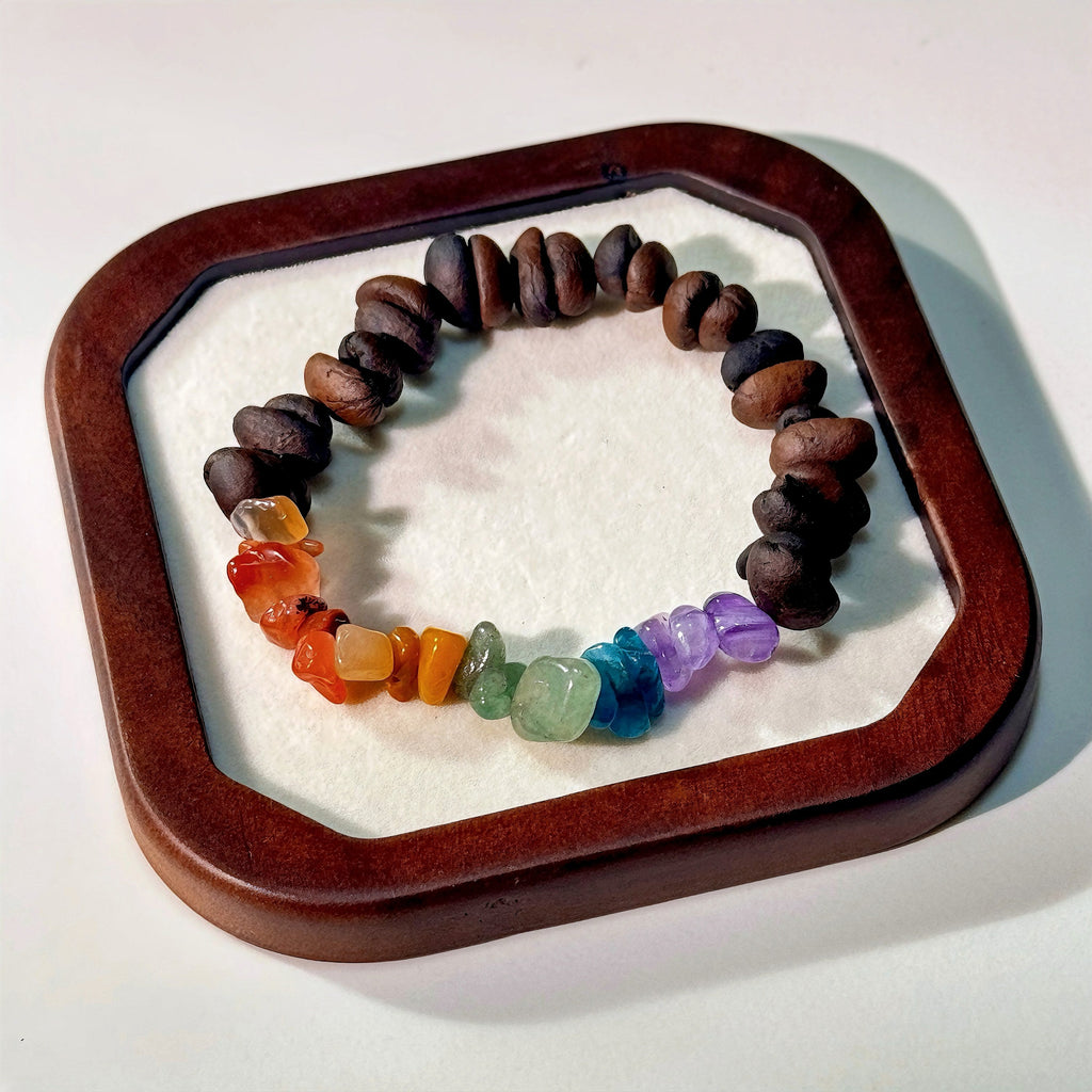 Rainbow Chakra Coffee Bean Bracelet | Colorful Energy Beads