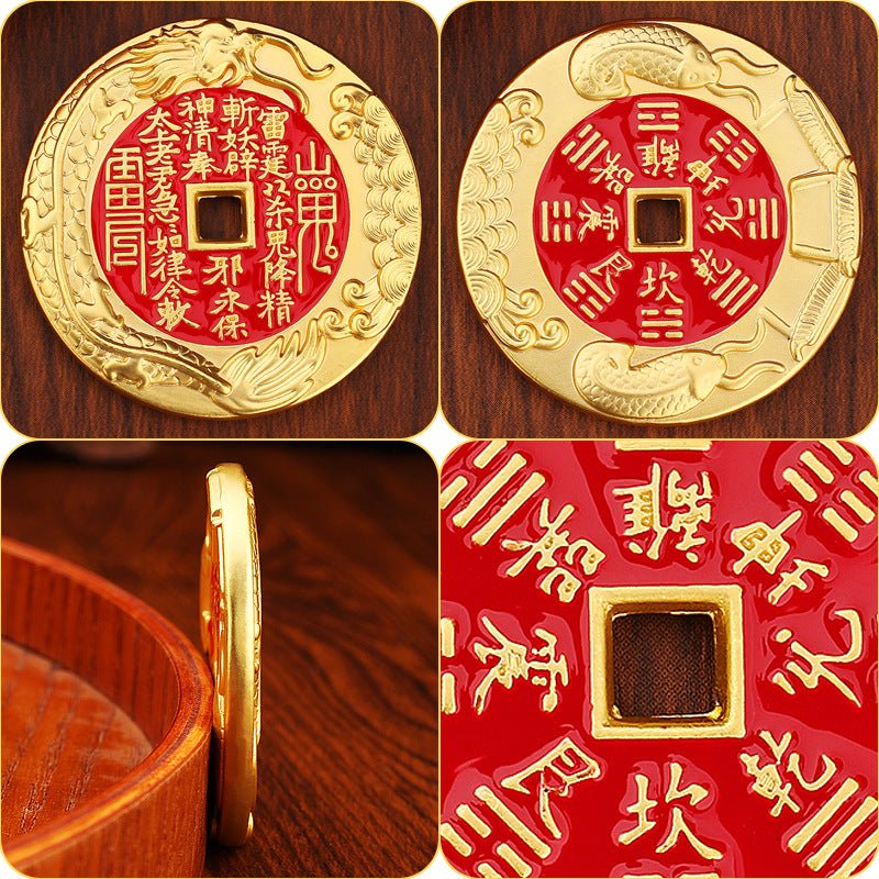 Red Brass Talisman Coin | 4.5cm Double - Sided Amulet | Taoist - Inspired Portable Charm for Protection & Spirit Power - EclipticJew