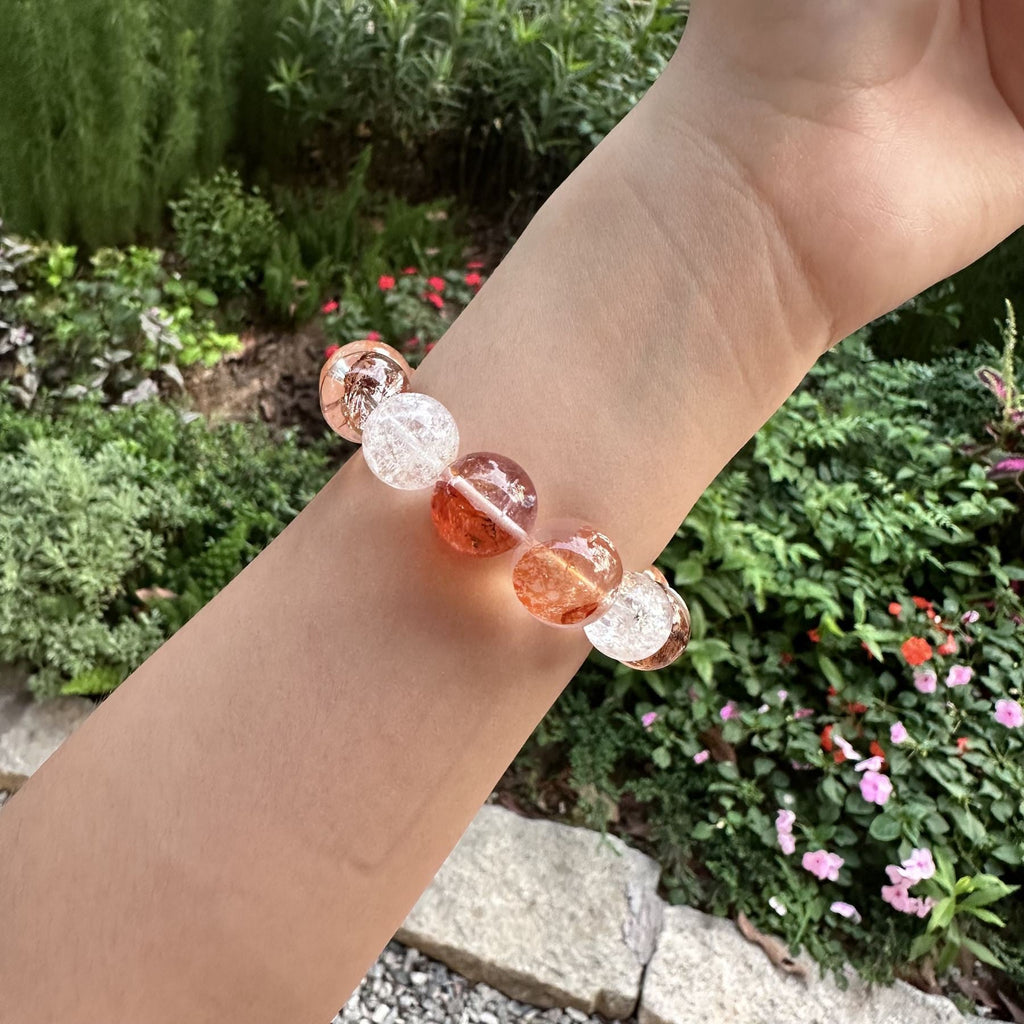 Red Hematoid Quartz Bracelet | Square Garden Crystal Energy Amulet | Consecrated Flower of Wealth Prosperity Bracelet