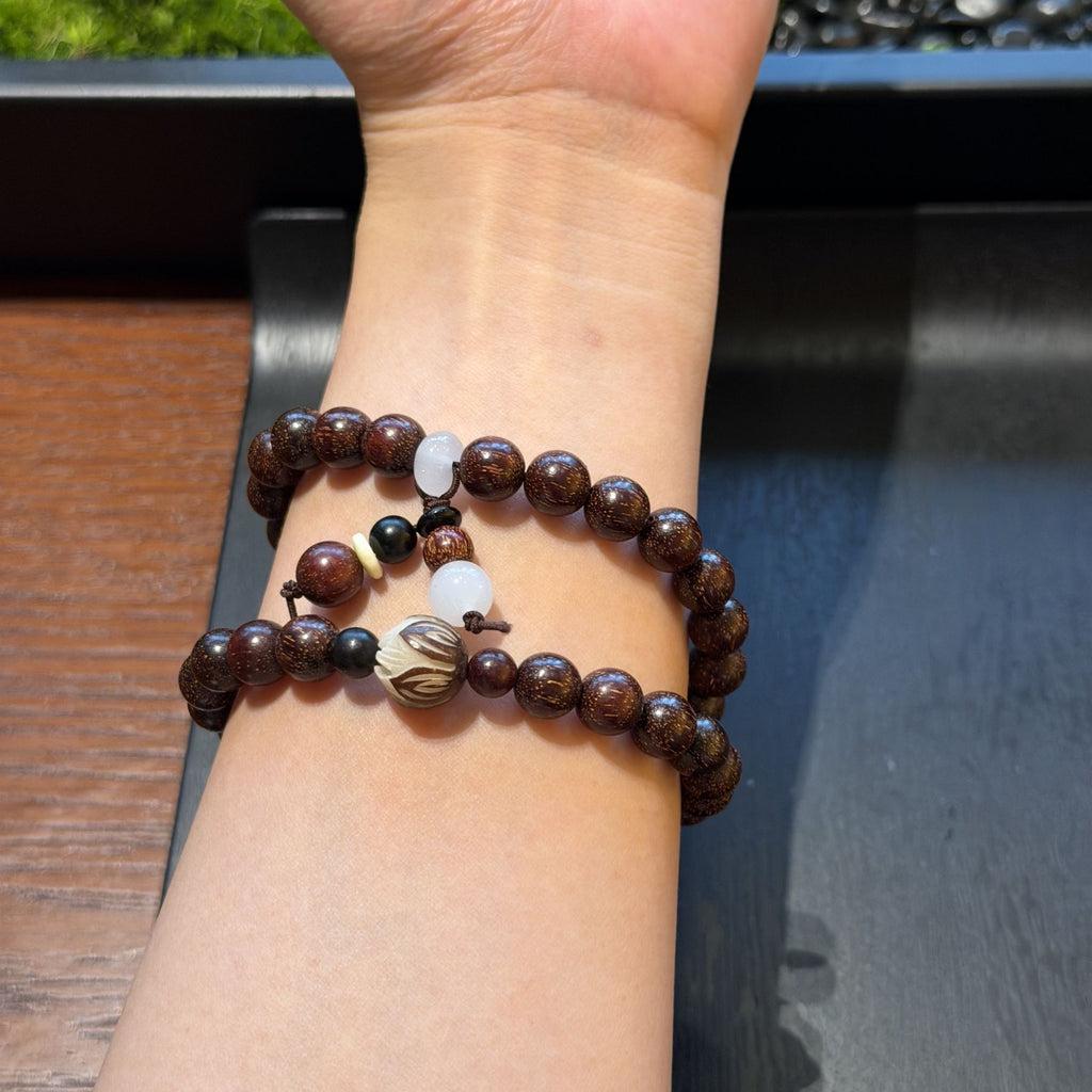 Red Sandalwood Double Wrap Bracelet, Purple Gold Mouse Bodhi Seed Mala, Temple Style Zen Prayer Beads, Minimalist Grounding Gift