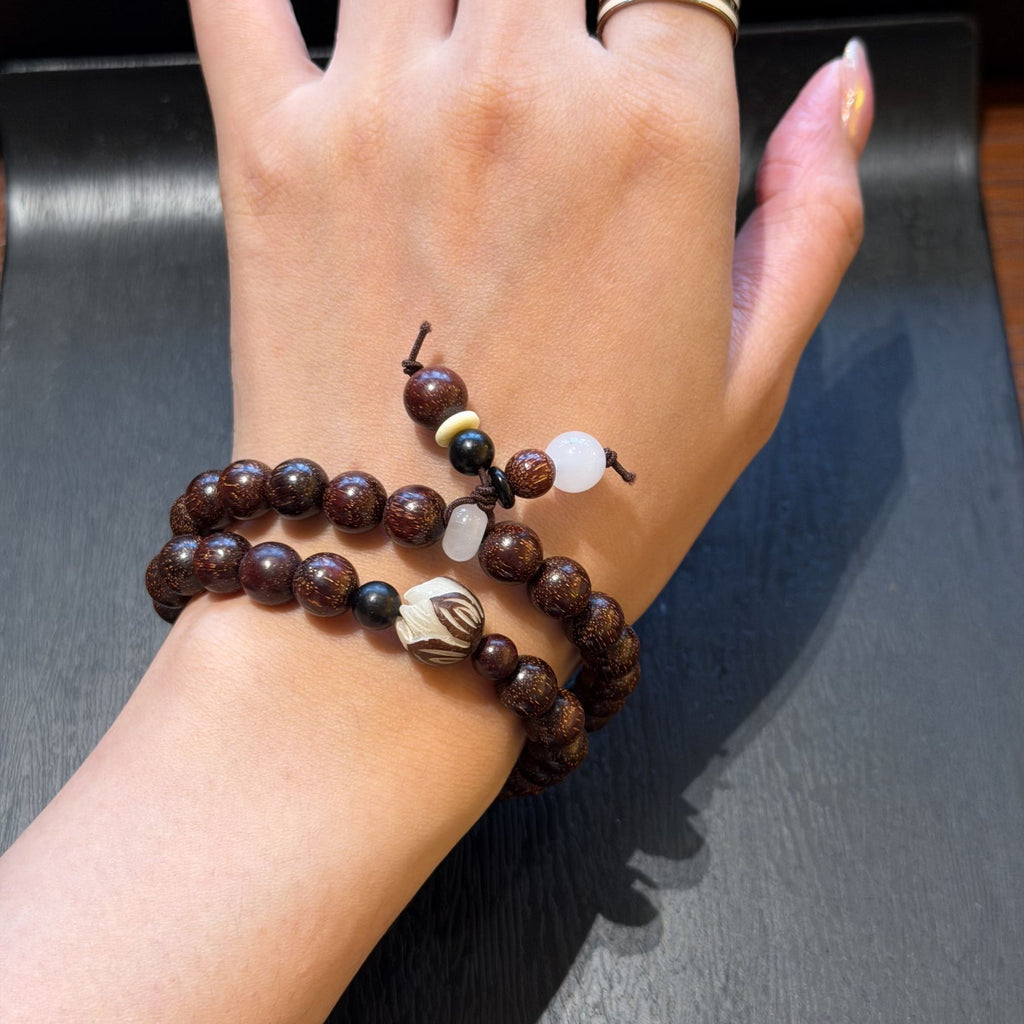 Red Sandalwood Double Wrap Bracelet, Purple Gold Mouse Bodhi Seed Mala, Temple Style Zen Prayer Beads, Minimalist Grounding Gift