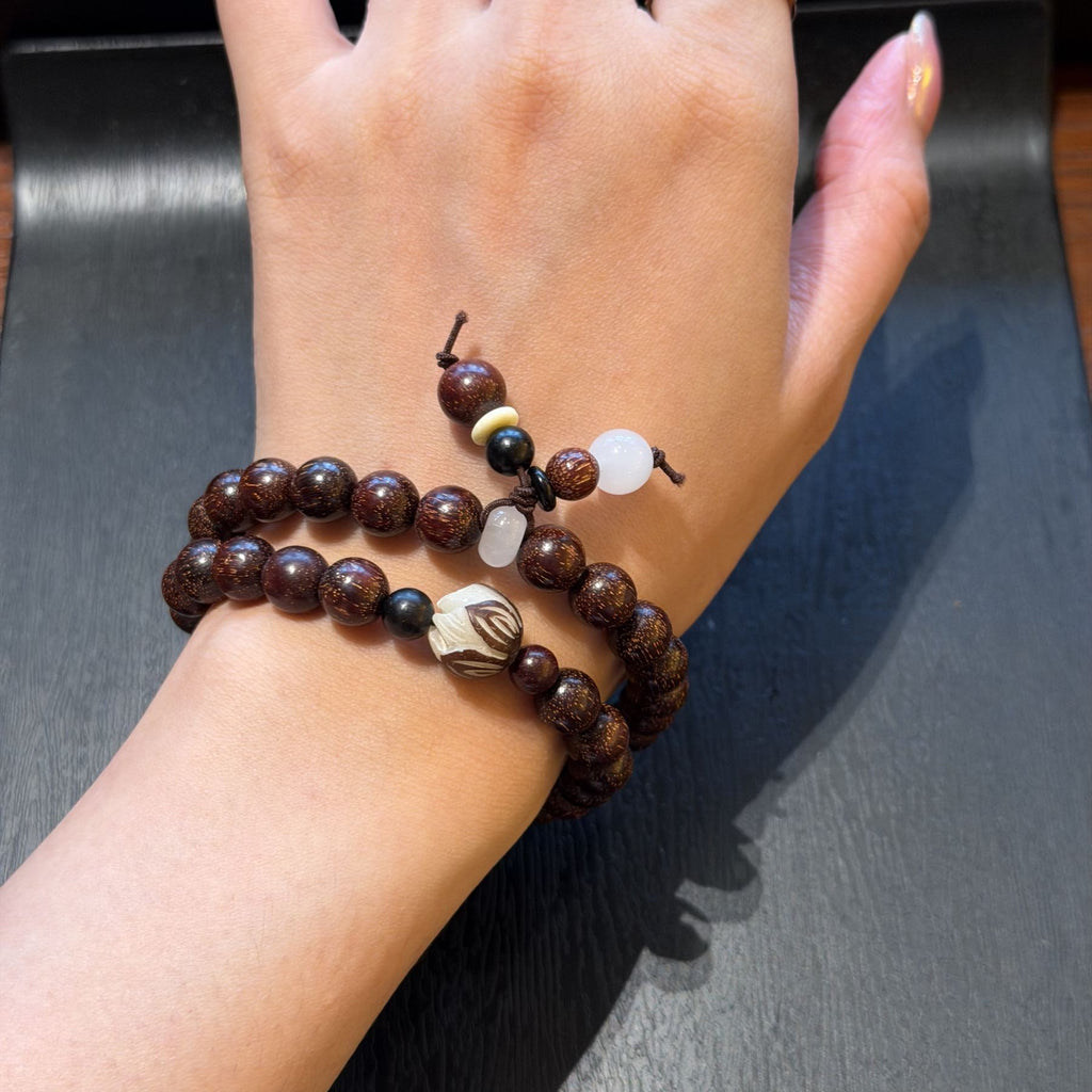 Red Sandalwood Double Wrap Bracelet, Purple Gold Mouse Bodhi Seed Mala, Temple Style Zen Prayer Beads, Minimalist Grounding Gift