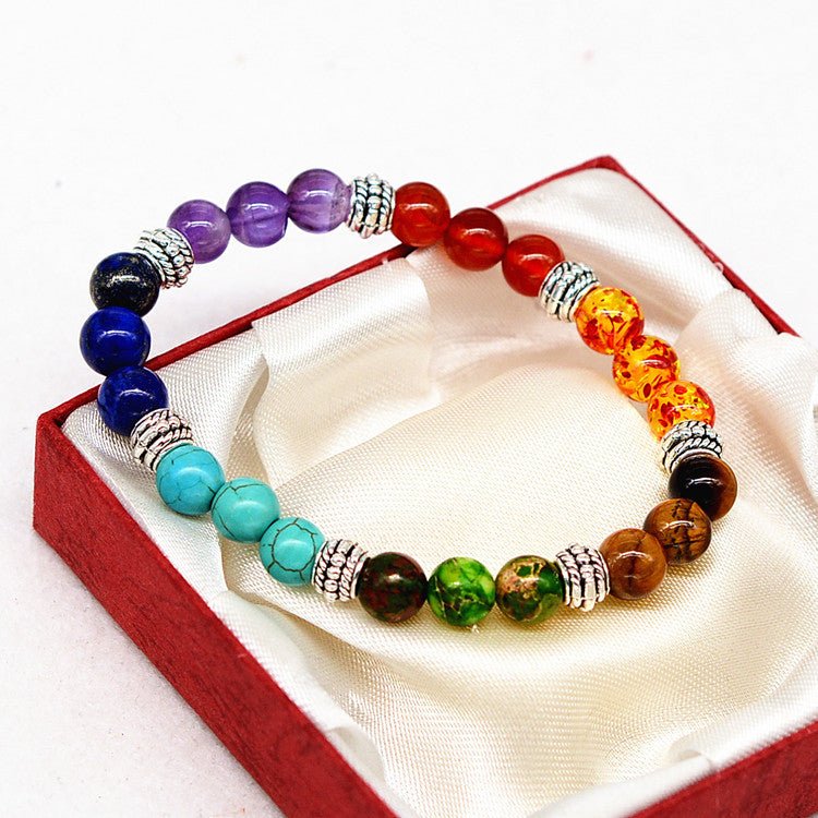 Reiki ancient silver natural stone agate tiger colorful crystal bracelet seven chakra Yoga Bracelet - EclipticJew