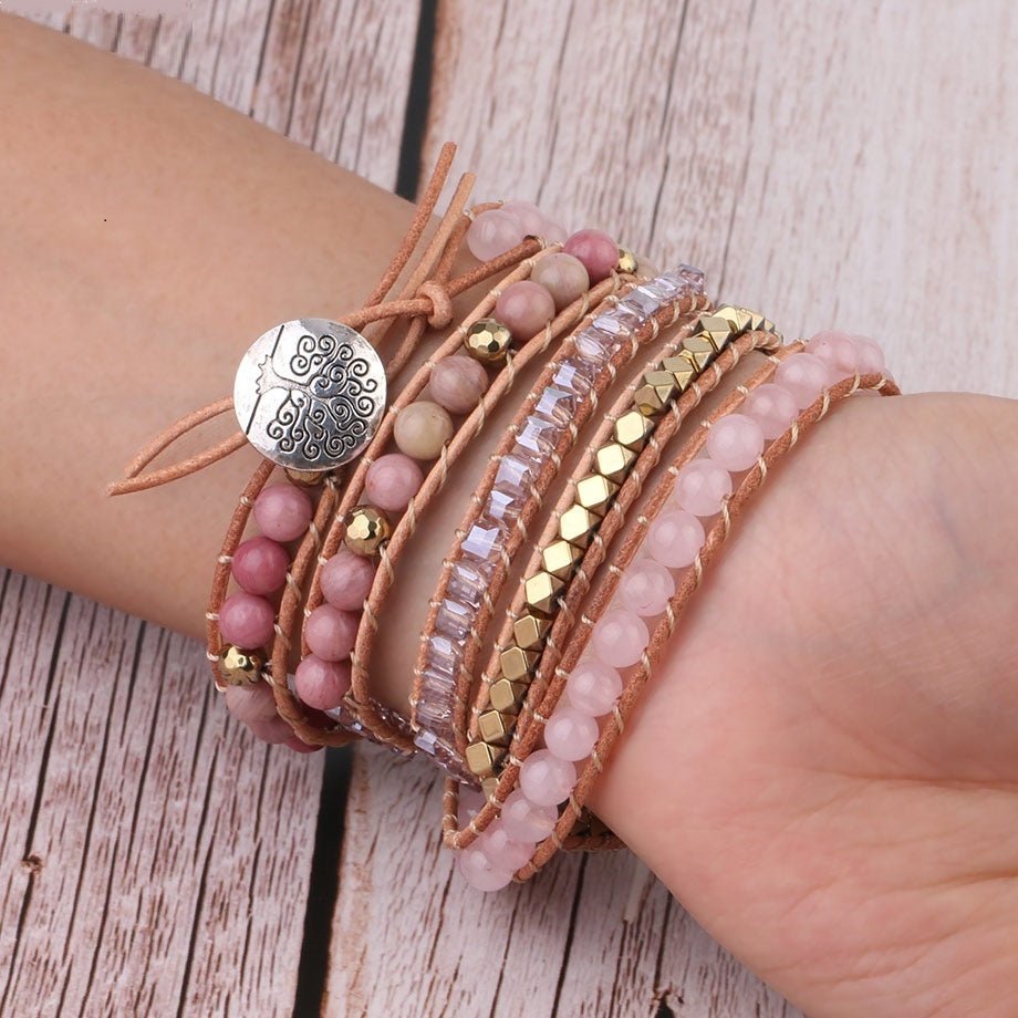 Rose Quartz Leather Wrap Bracelet – 5 - Strand Gemstone Beauty - EclipticJew