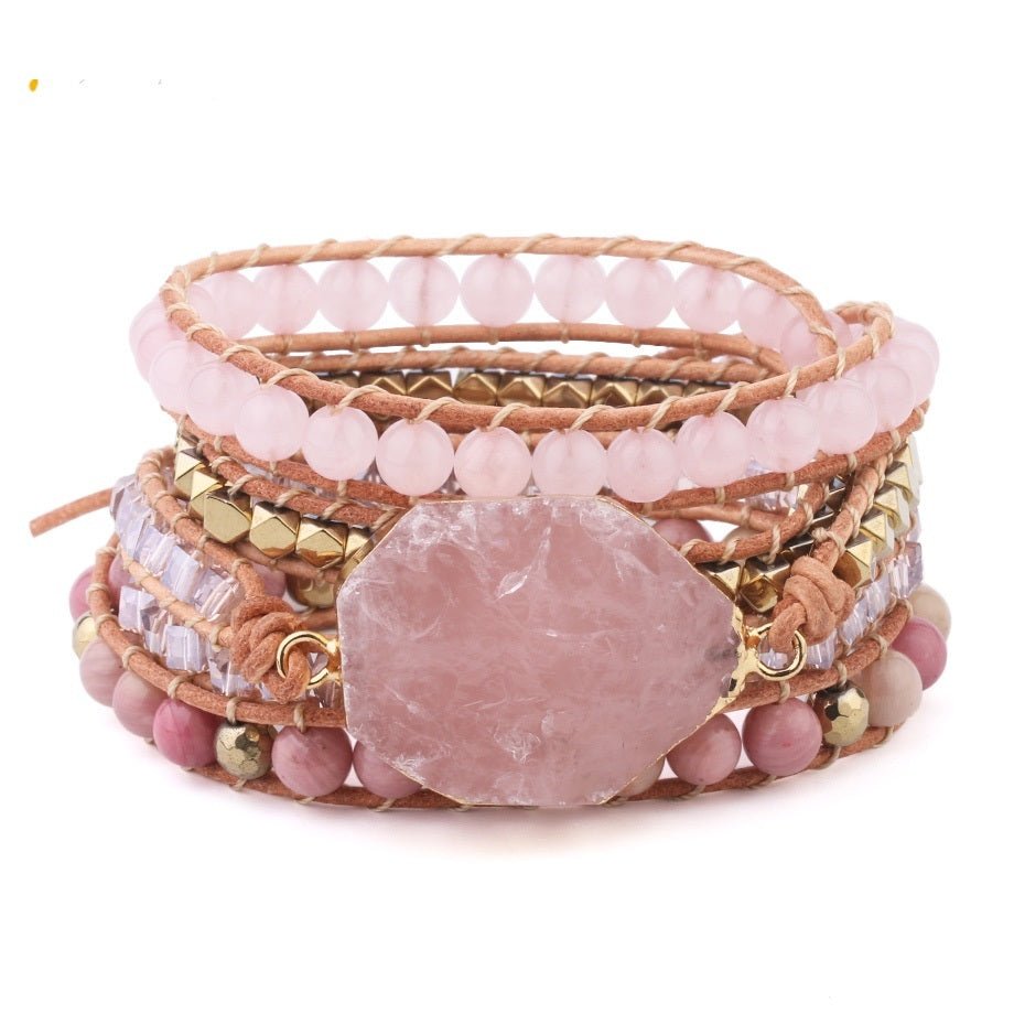 Rose Quartz Leather Wrap Bracelet – 5-Strand Gemstone Beauty