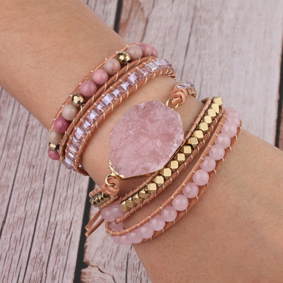 Rose Quartz Leather Wrap Bracelet – 5 - Strand Gemstone Beauty - EclipticJew