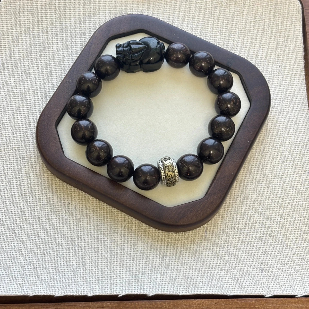 sandalwood bracelet with obsidian charm - EclipticJew