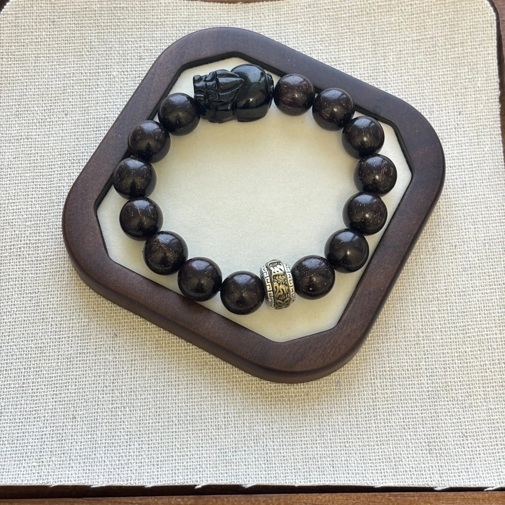 sandalwood bracelet with obsidian charm - EclipticJew