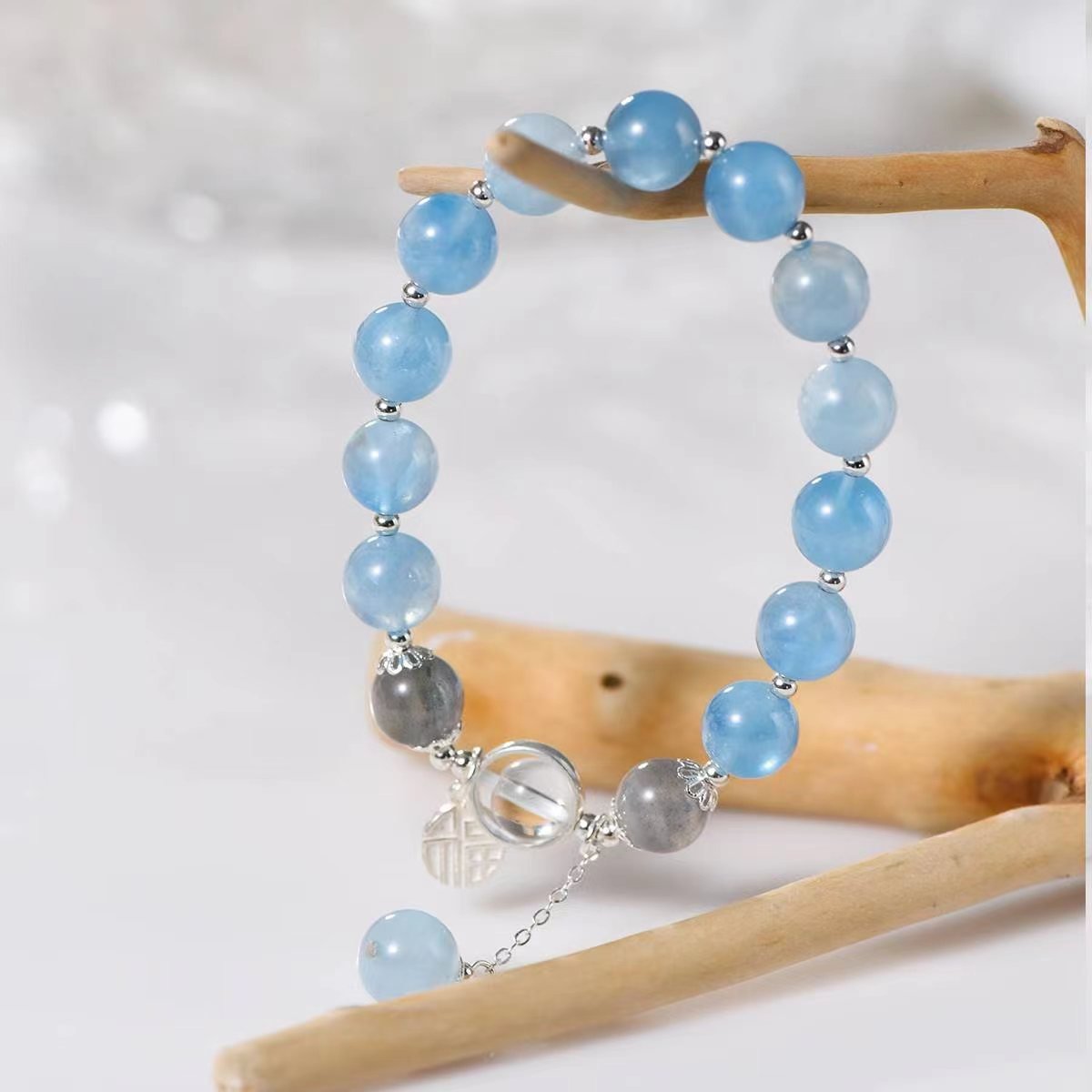 Serenity Aquamarine & Grey Moonstone Charm Bracelet - EclipticJewBracelets