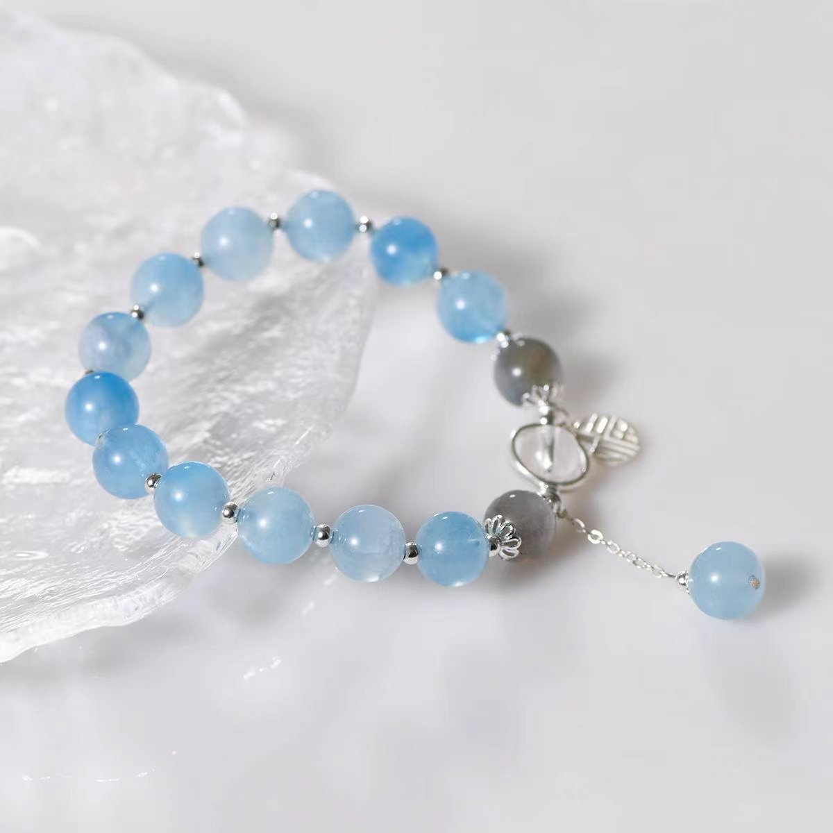 Serenity Aquamarine & Grey Moonstone Charm Bracelet - EclipticJewBracelets