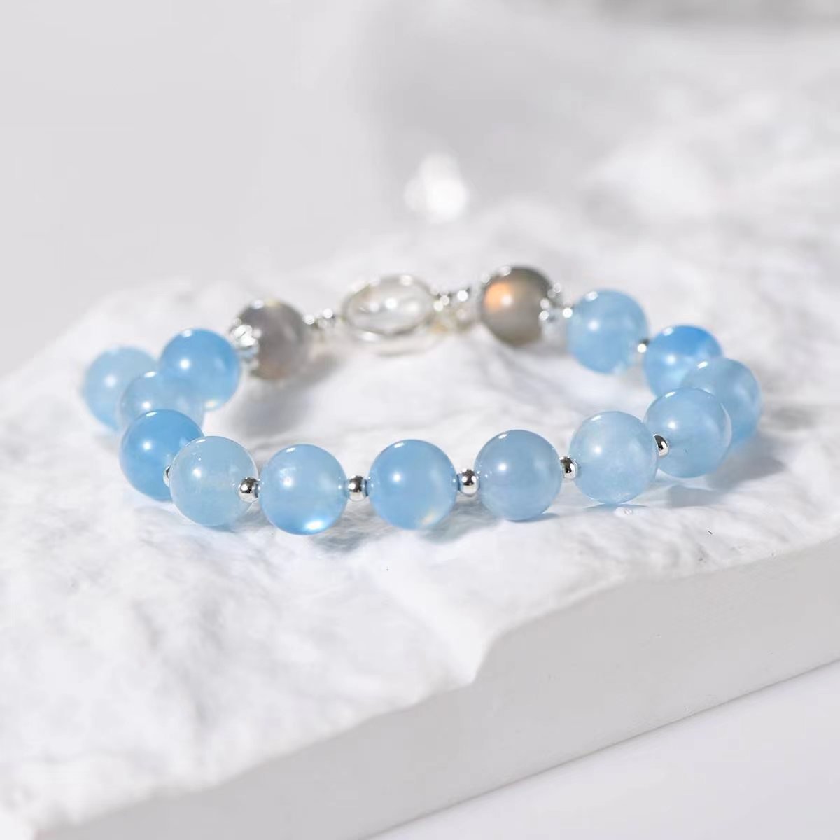 Serenity Aquamarine & Grey Moonstone Charm Bracelet - EclipticJewBracelets