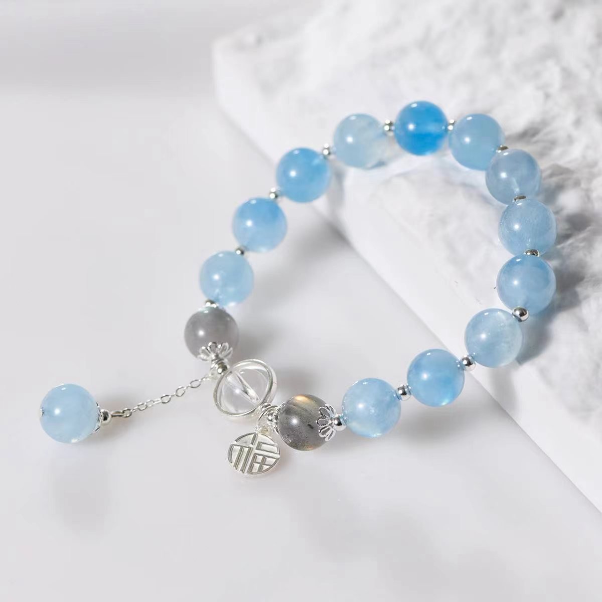 Serenity Aquamarine & Grey Moonstone Charm Bracelet - EclipticJewBracelets