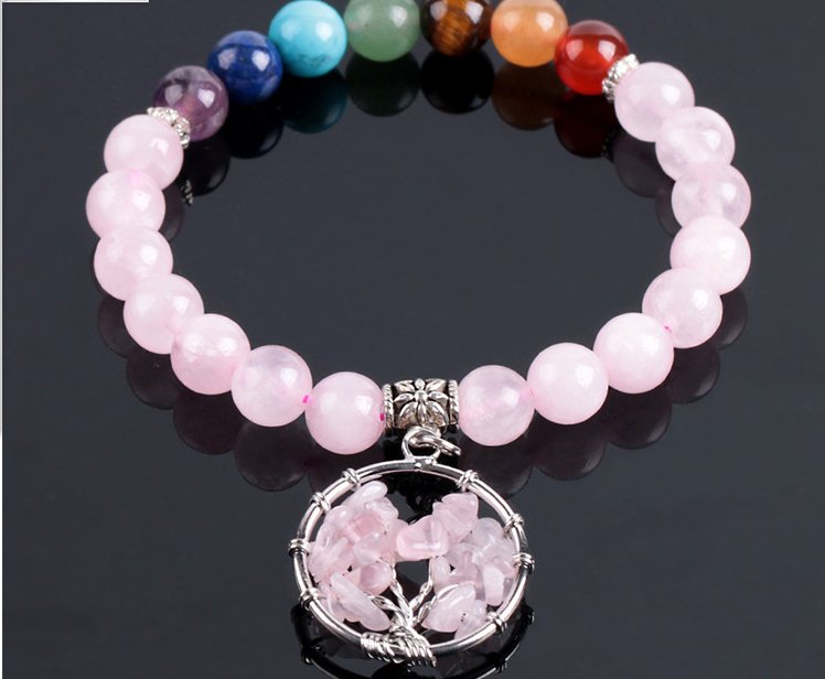 Seven Chakras Pink Crystal Beaded Bracelet - Energy Alignment - EclipticJew