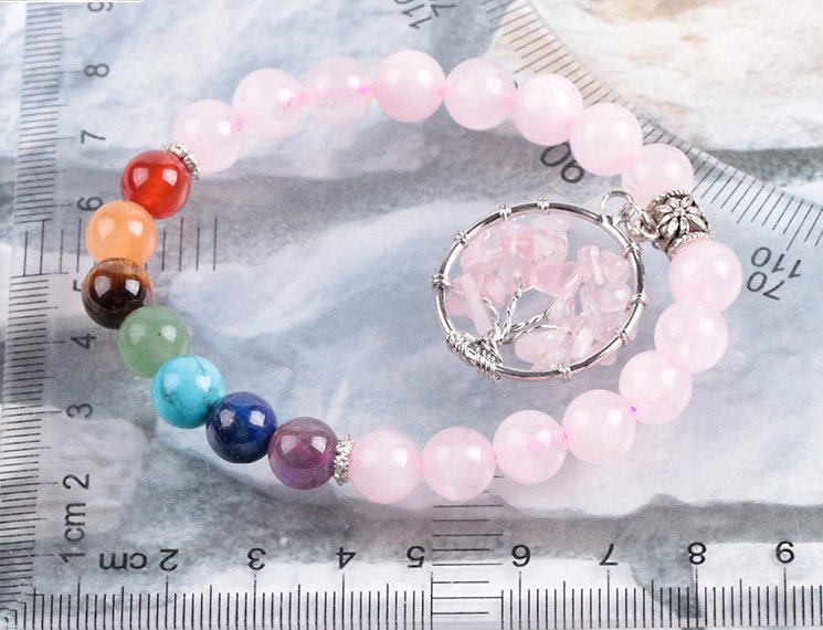 Seven Chakras Pink Crystal Beaded Bracelet - Energy Alignment - EclipticJew