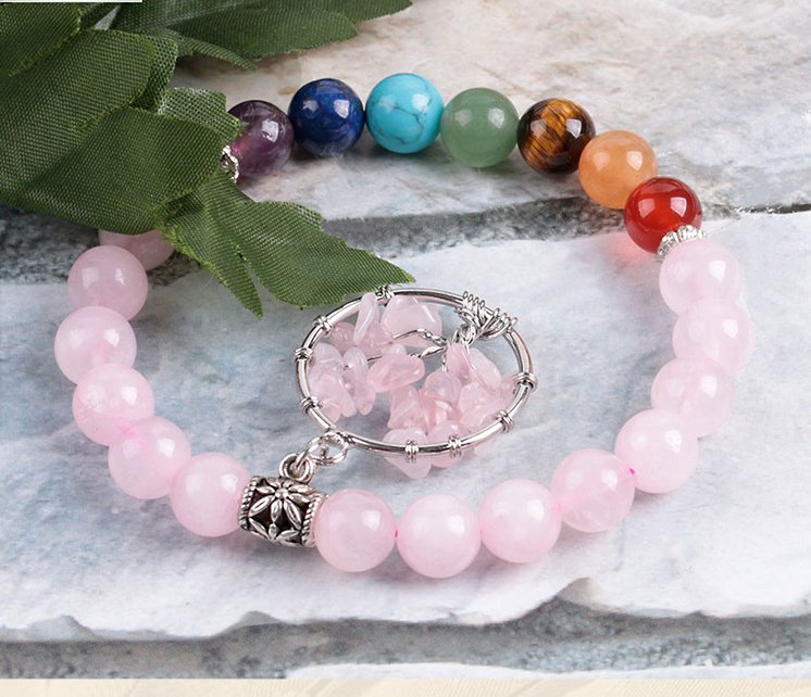 Seven Chakras Pink Crystal Beaded Bracelet - Energy Alignment - EclipticJew