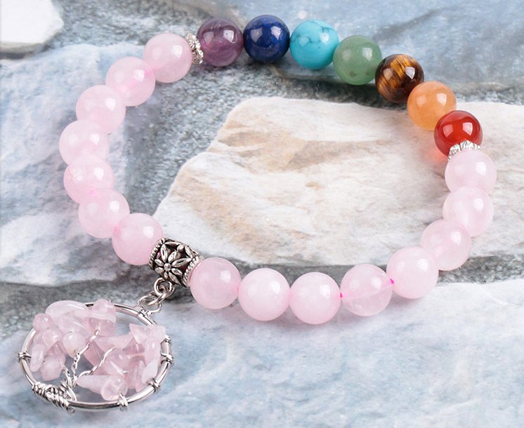 Seven Chakras Pink Crystal Beaded Bracelet - Energy Alignment - EclipticJew