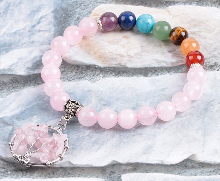 Seven Chakras Pink Crystal Beaded Bracelet - Energy Alignment - EclipticJew