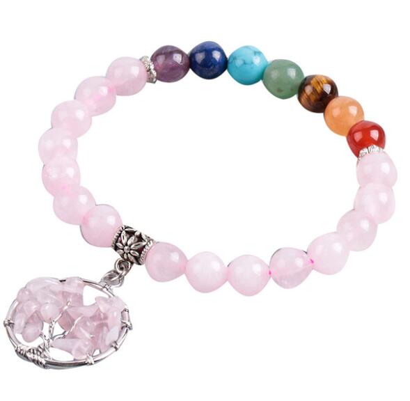 Seven Chakras Pink Crystal Beaded Bracelet - Energy Alignment - EclipticJew