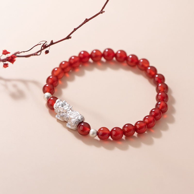 Silver Red Agate Brave Pixiu Bracelet - EclipticJewpixiu