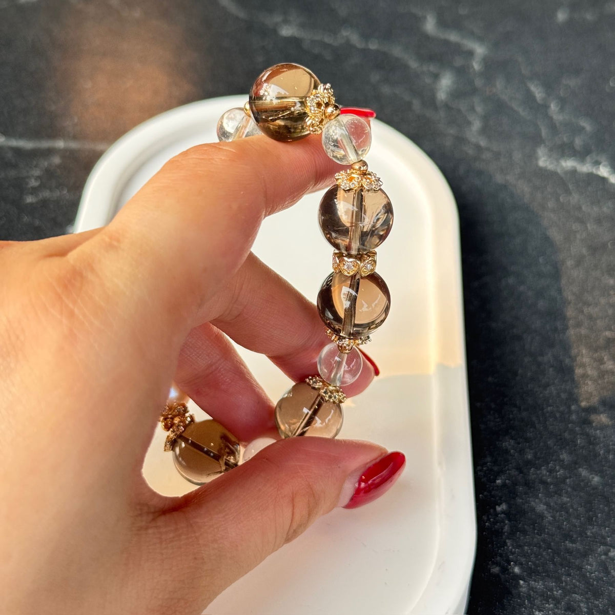 Smoky Quartz & Pearl Harmony Bracelet | Elegant Zen Crystal Stack with Gold Accents