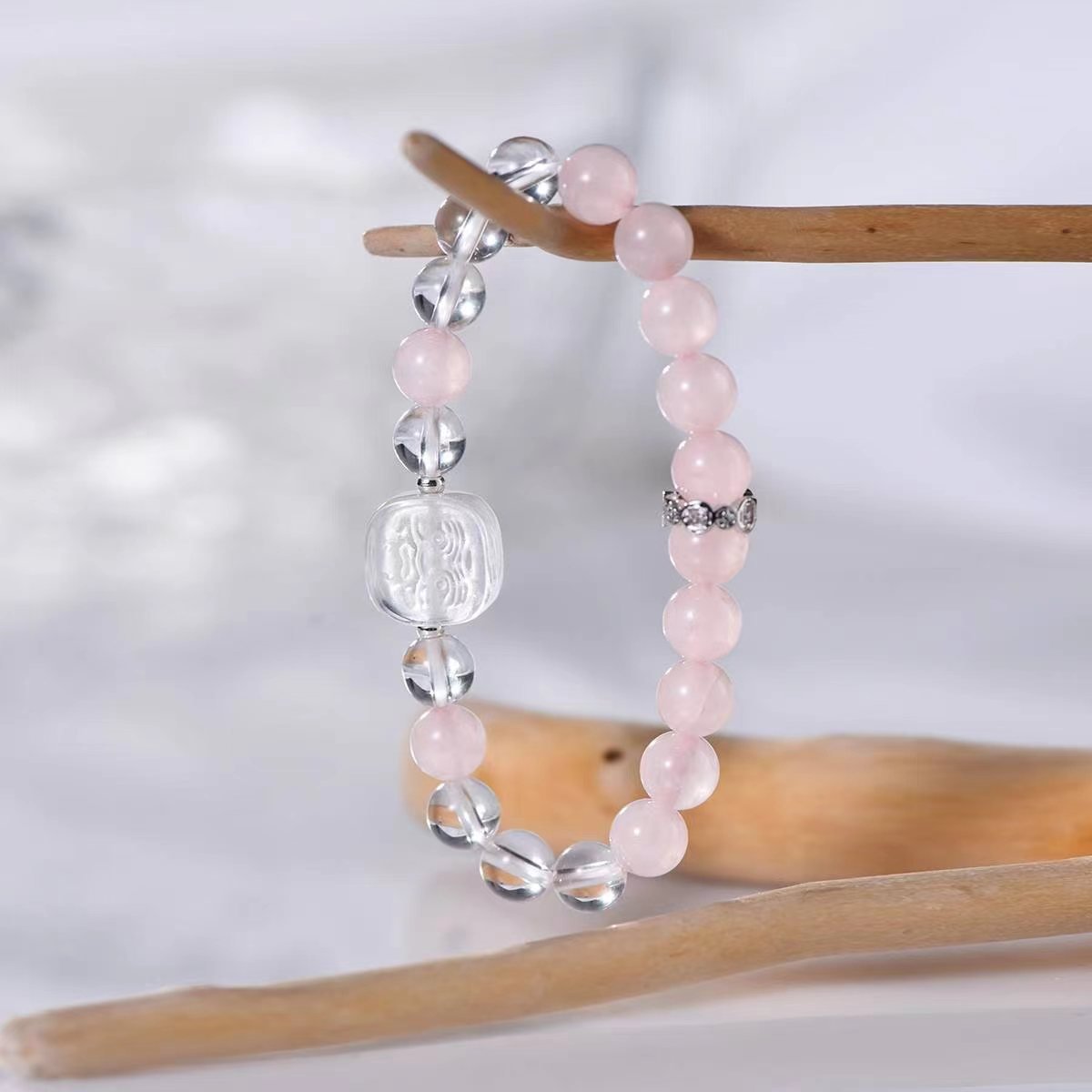 Soft Serenity Rose Quartz & Clear Crystal Harmony Bracelet - EclipticJewBracelets