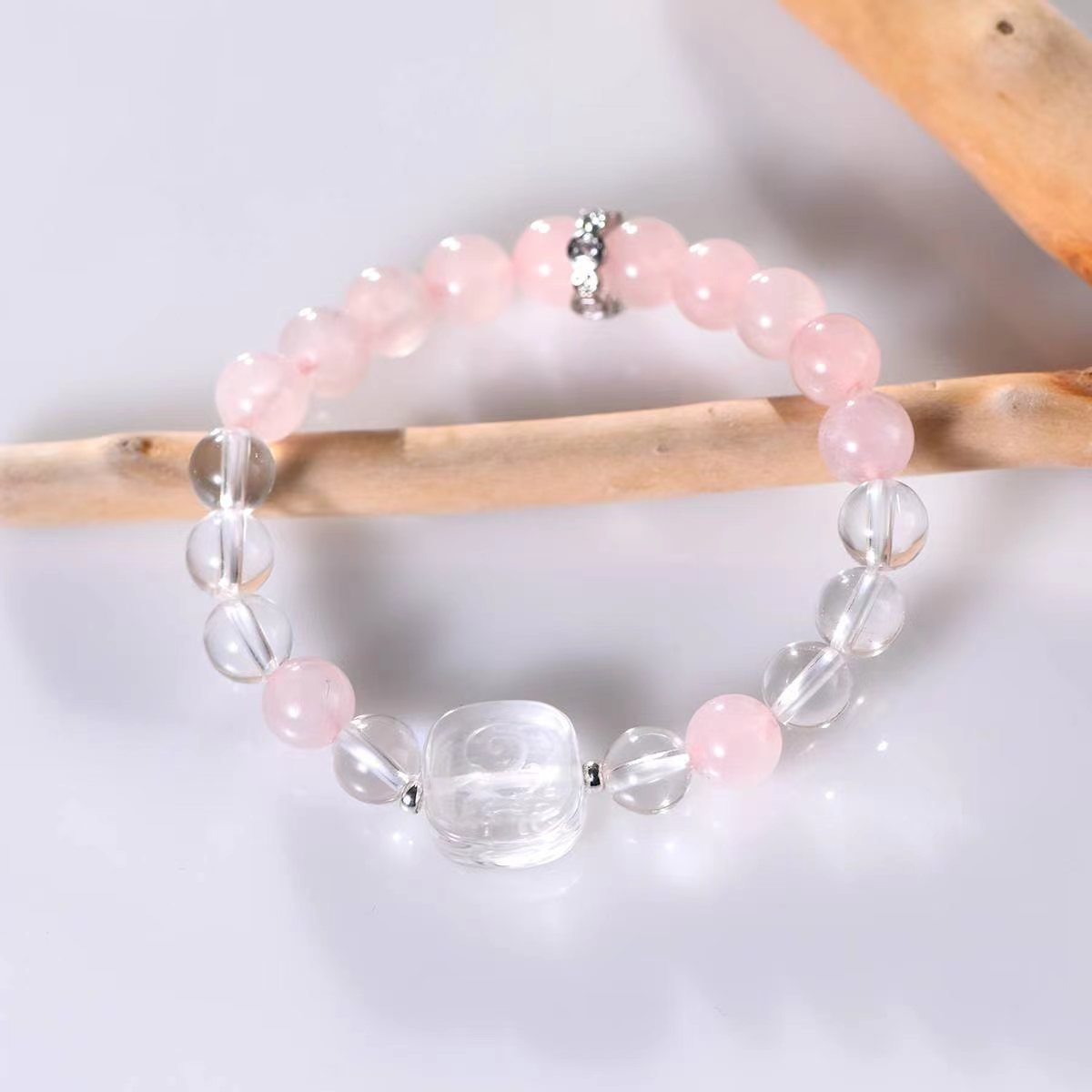 Soft Serenity Rose Quartz & Clear Crystal Harmony Bracelet - EclipticJewBracelets