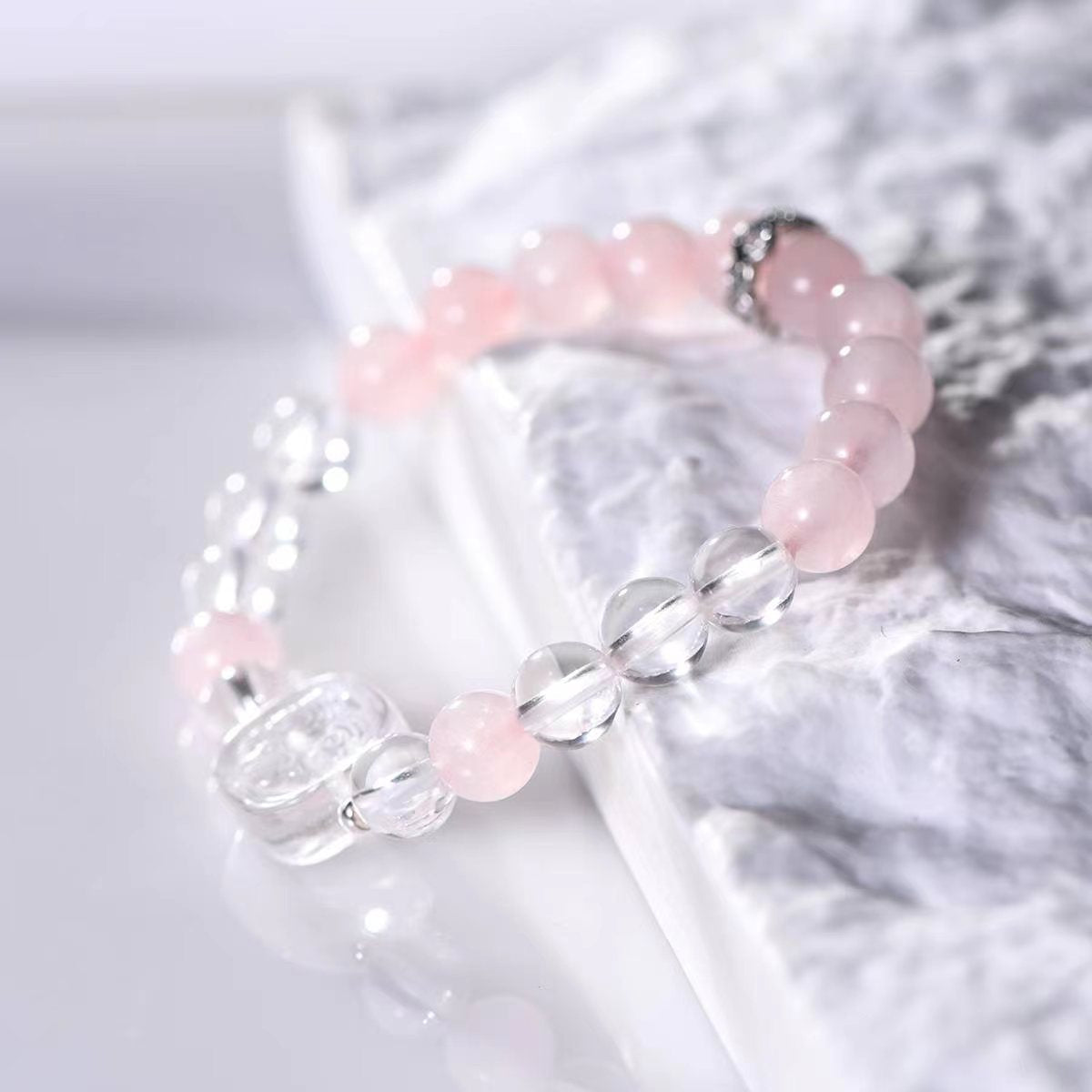 Soft Serenity Rose Quartz & Clear Crystal Harmony Bracelet - EclipticJewBracelets