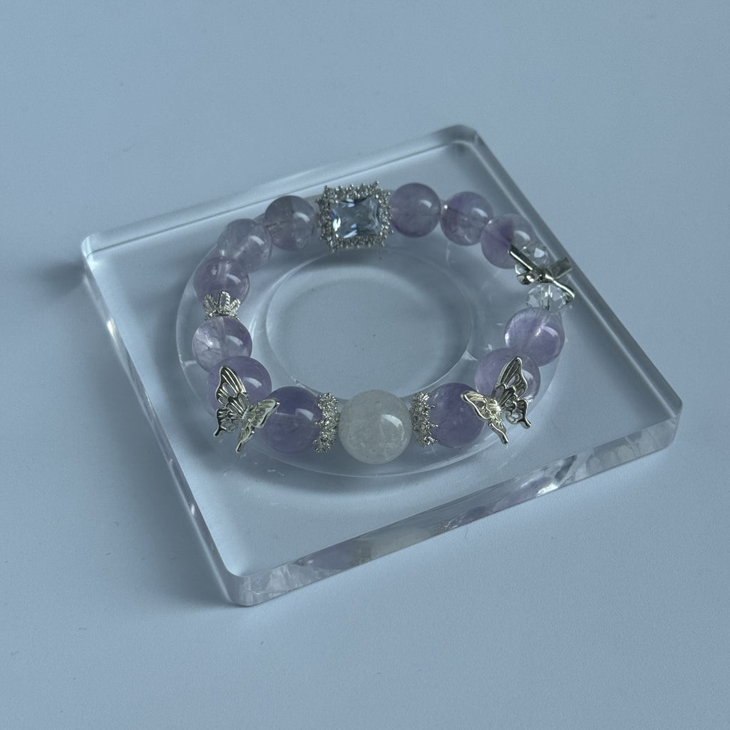 Taoist Blessed Amethyst & Moonstone Bracelet, Butterfly Clarity Amulet