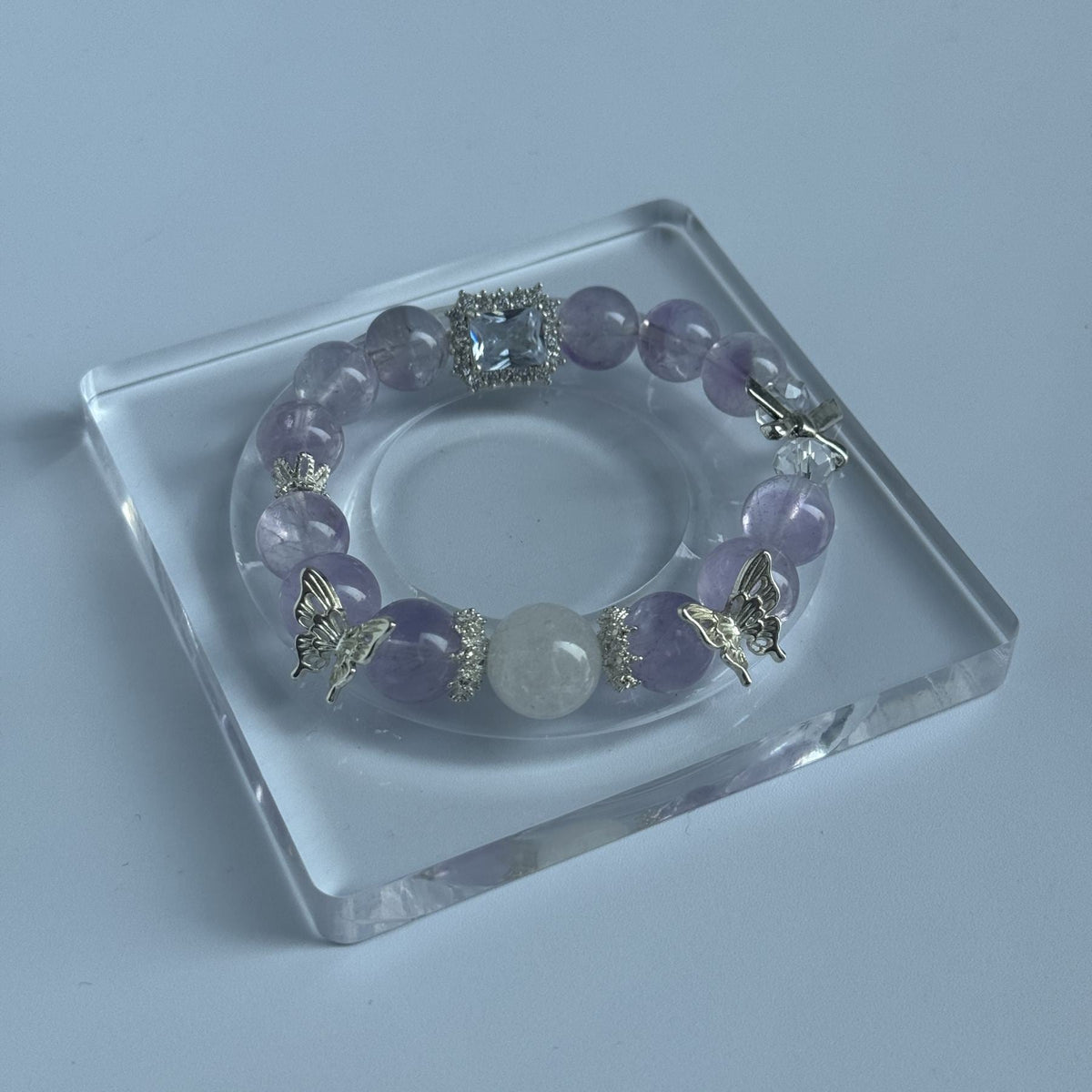 Taoist Blessed Amethyst & Moonstone Bracelet, Butterfly Clarity Amulet