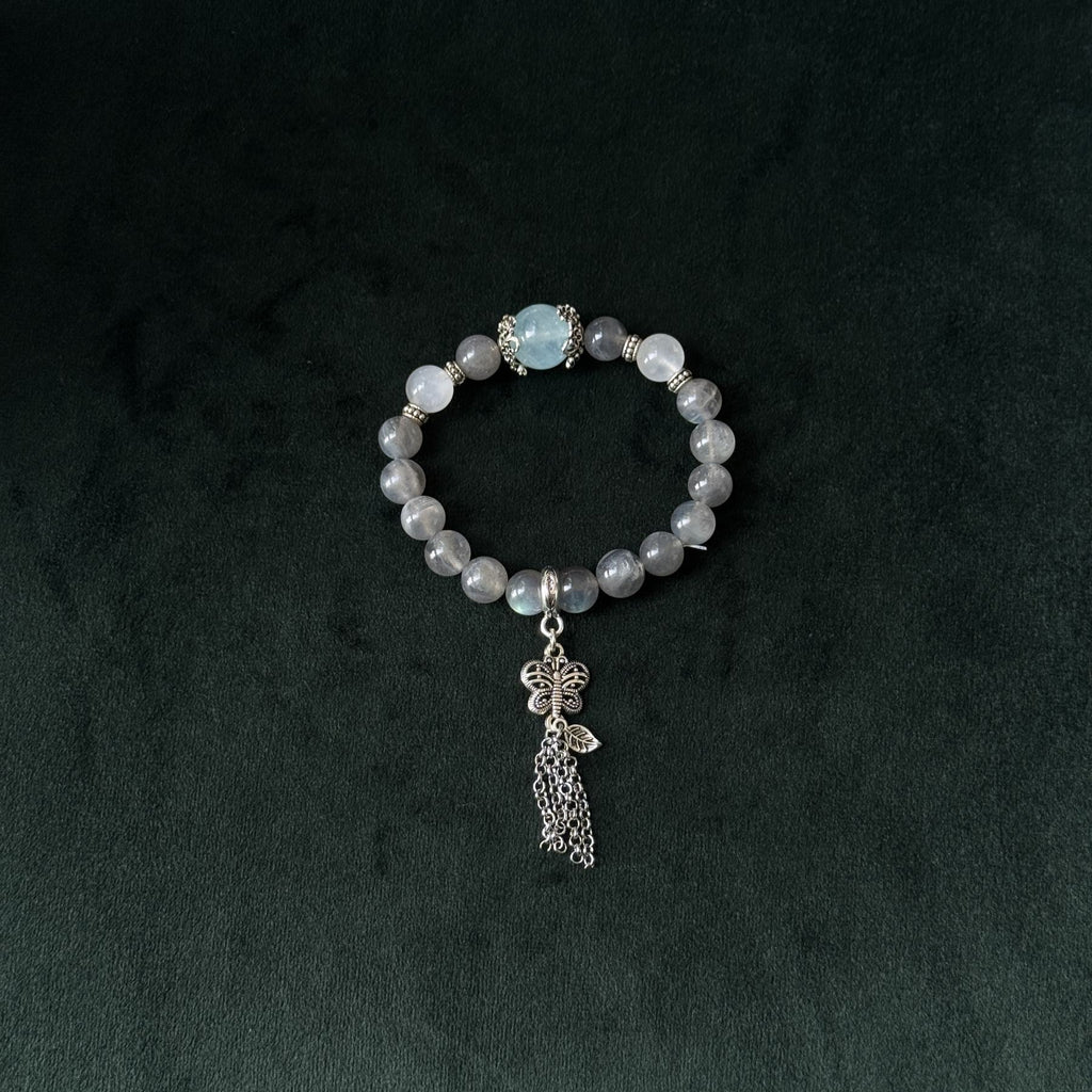 Taoist Blessed Aquamarine & Moonstone Bracelet, Butterfly Tassel Amulet