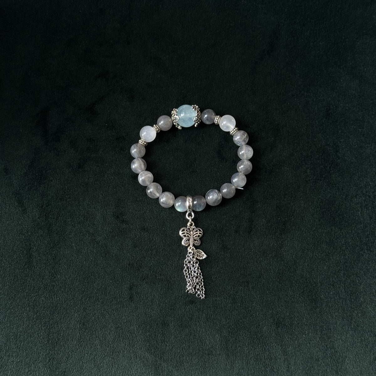 Taoist Blessed Aquamarine & Moonstone Bracelet, Butterfly Tassel Amulet