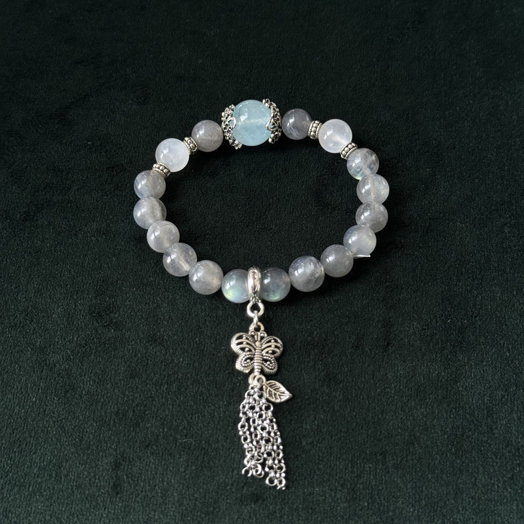 Taoist Blessed Aquamarine & Moonstone Bracelet, Butterfly Tassel Amulet